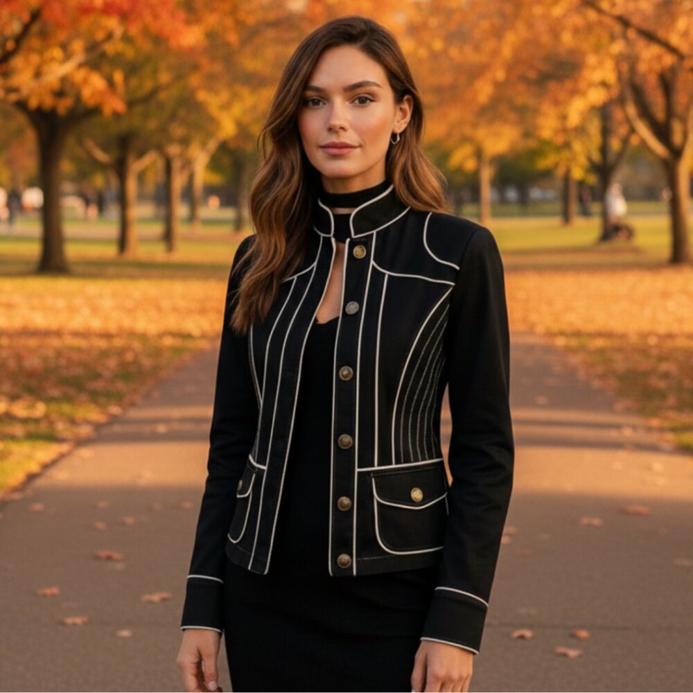 Twill Twenty Two Vintage Black Contrast Piped Jacket, Size Medium